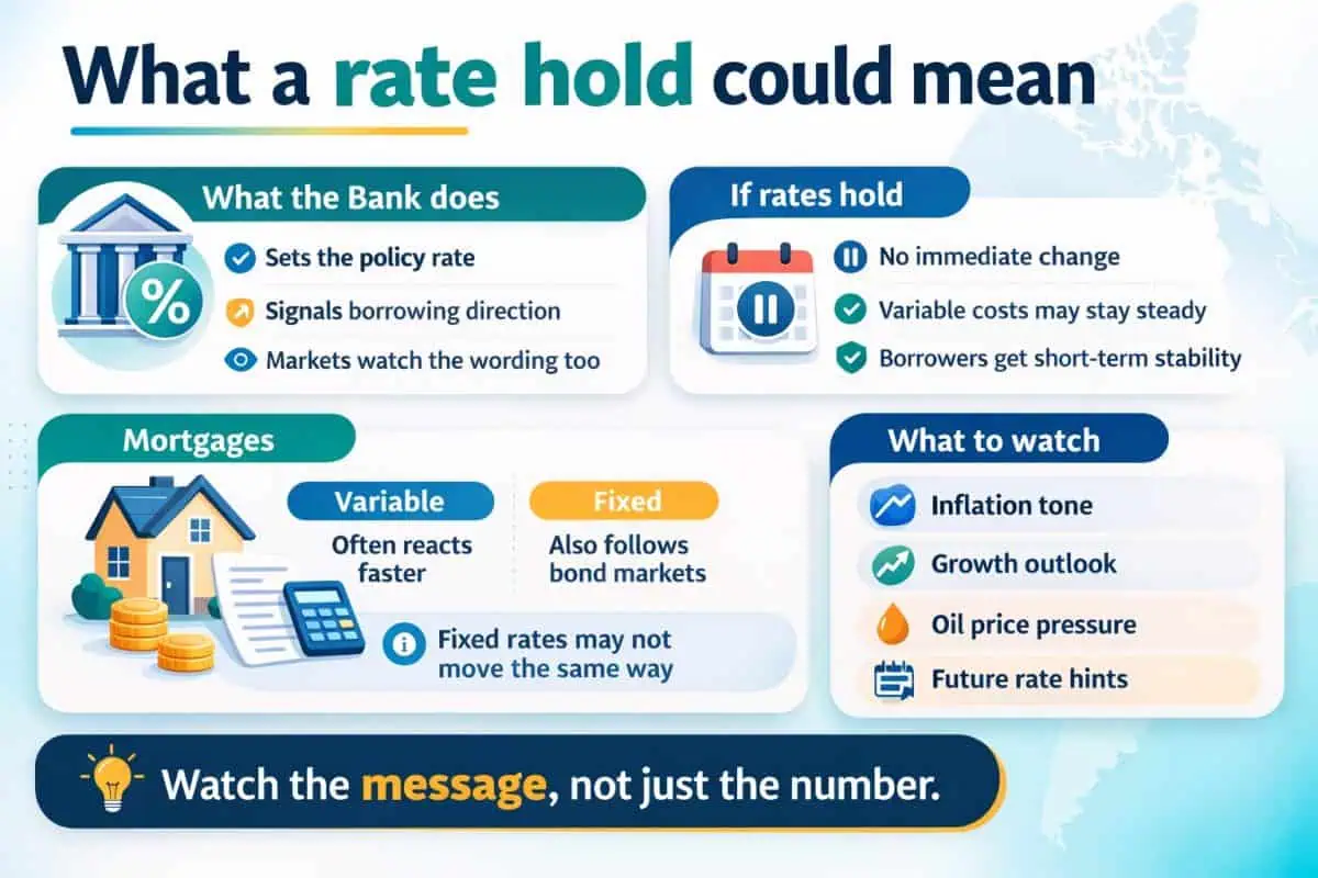 Bank of Canada March rate update: what it could mean for mortgages and borrowing 1 Flat-vector infographic showing how a Bank of Canada rate hold could affect variable mortgages, fixed mortgage pricing, and other borrowing costs.
