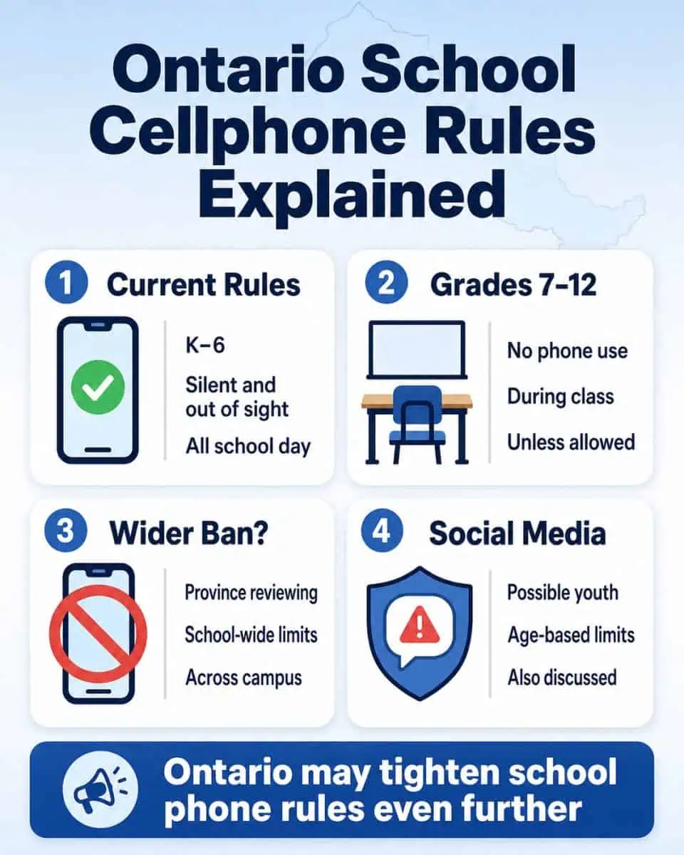 Ontario considers school-wide cellphone ban as province looks at youth social media limits 1 cellphone ban: Infographic explaining Ontario’s current school cellphone rules and possible wider restrictions on phones and youth social media.